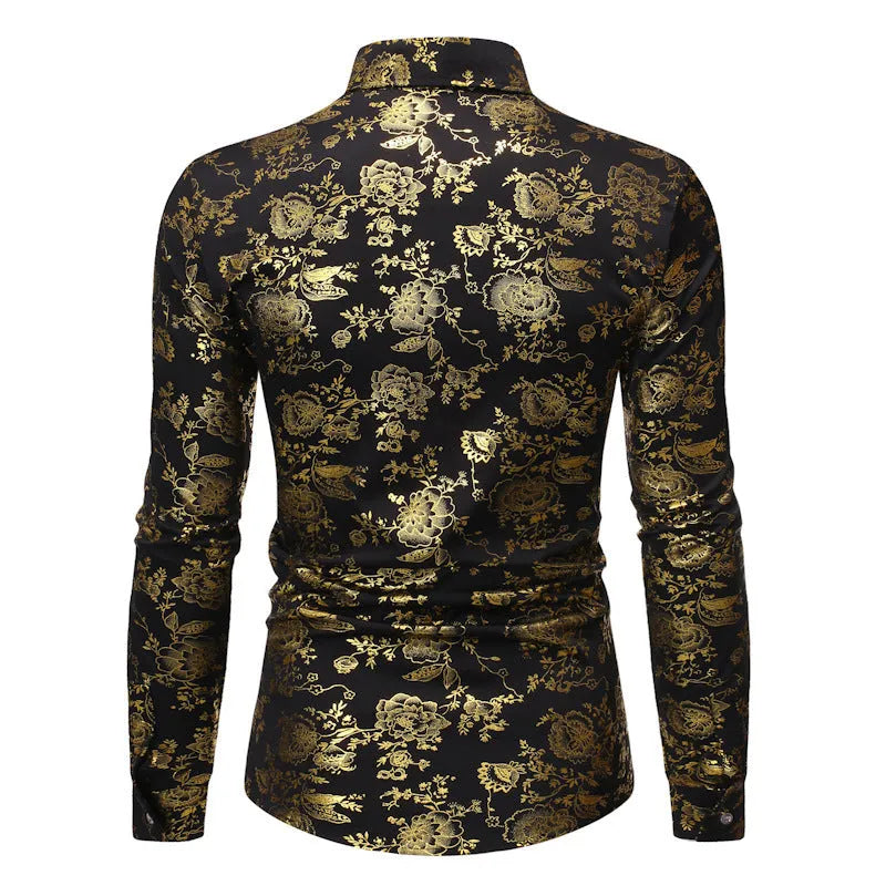 Men's wine red cardigan shirt with a detailed bronzing pattern, shown on a model.