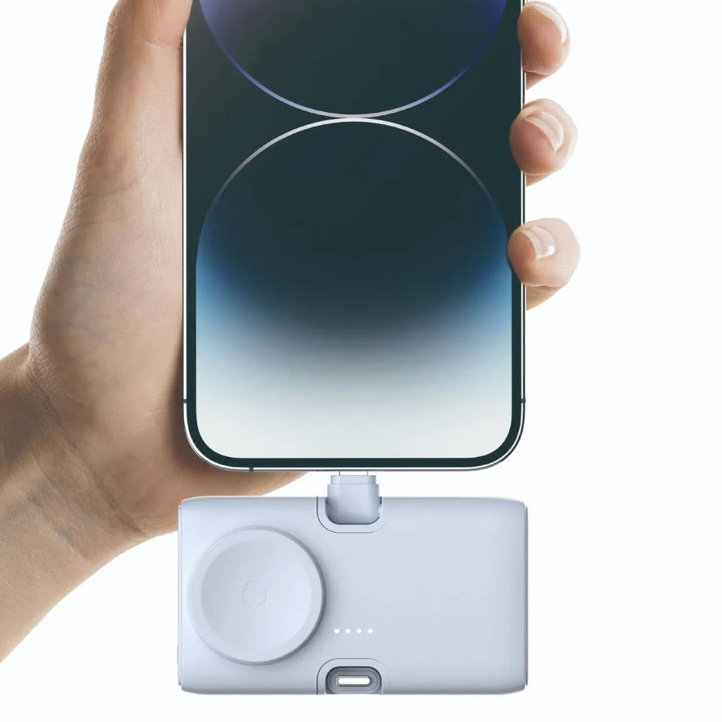 Compact white plastic wireless power bank with 5000mAh capacity, shown with dimensions 10.5cm by 5cm.
