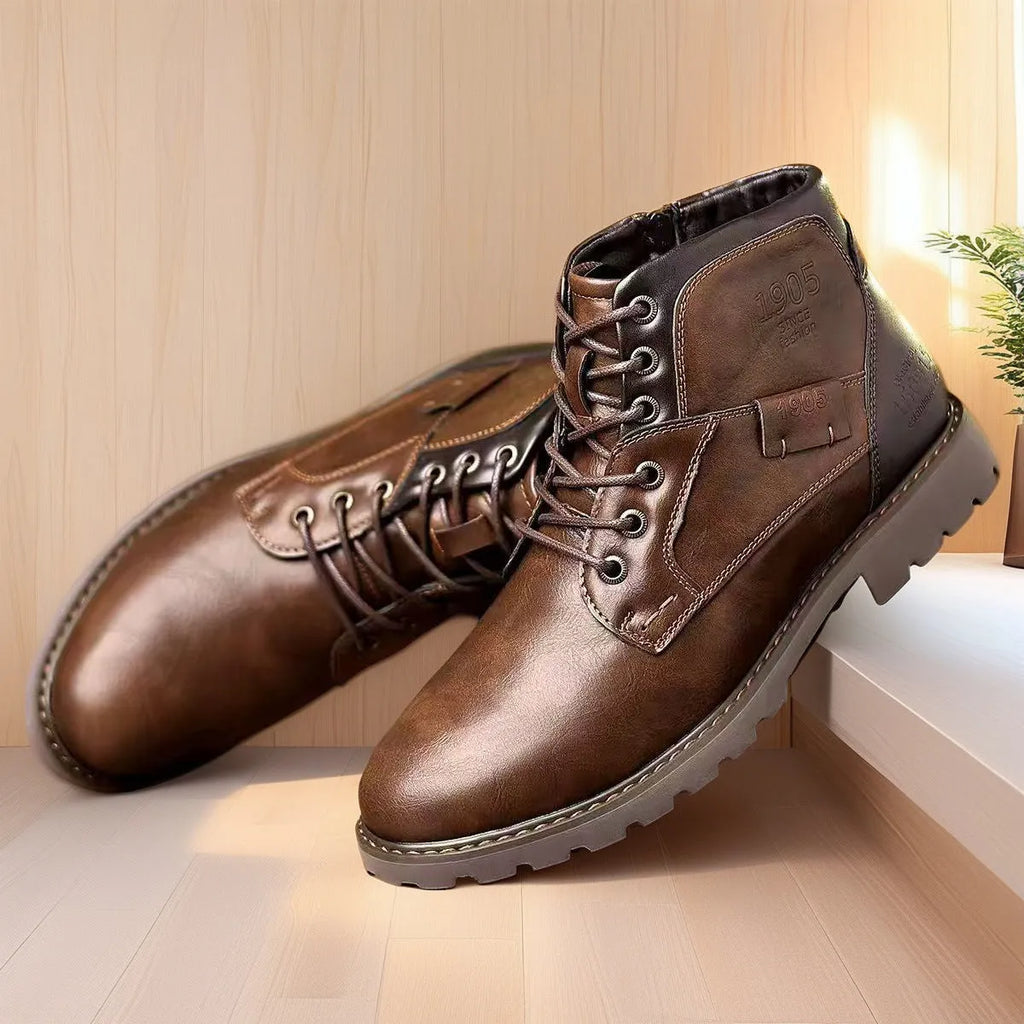 Men's brown Martin ankle boots with side zipper and rubber sole