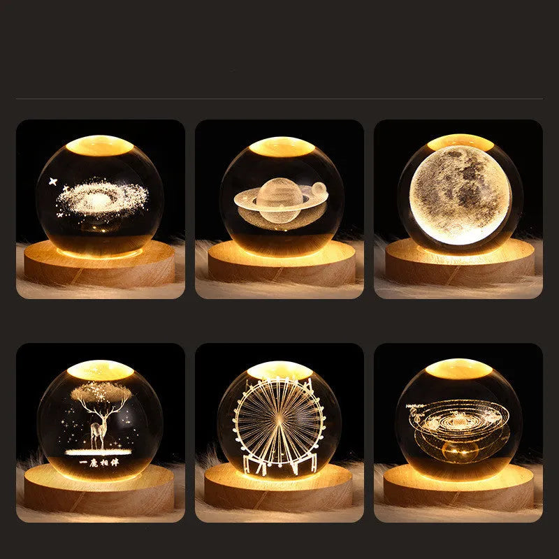 3D crystal ball night light with Milky Way planet design, 6cm glass ball, solid wood lamp holder, plug-in.