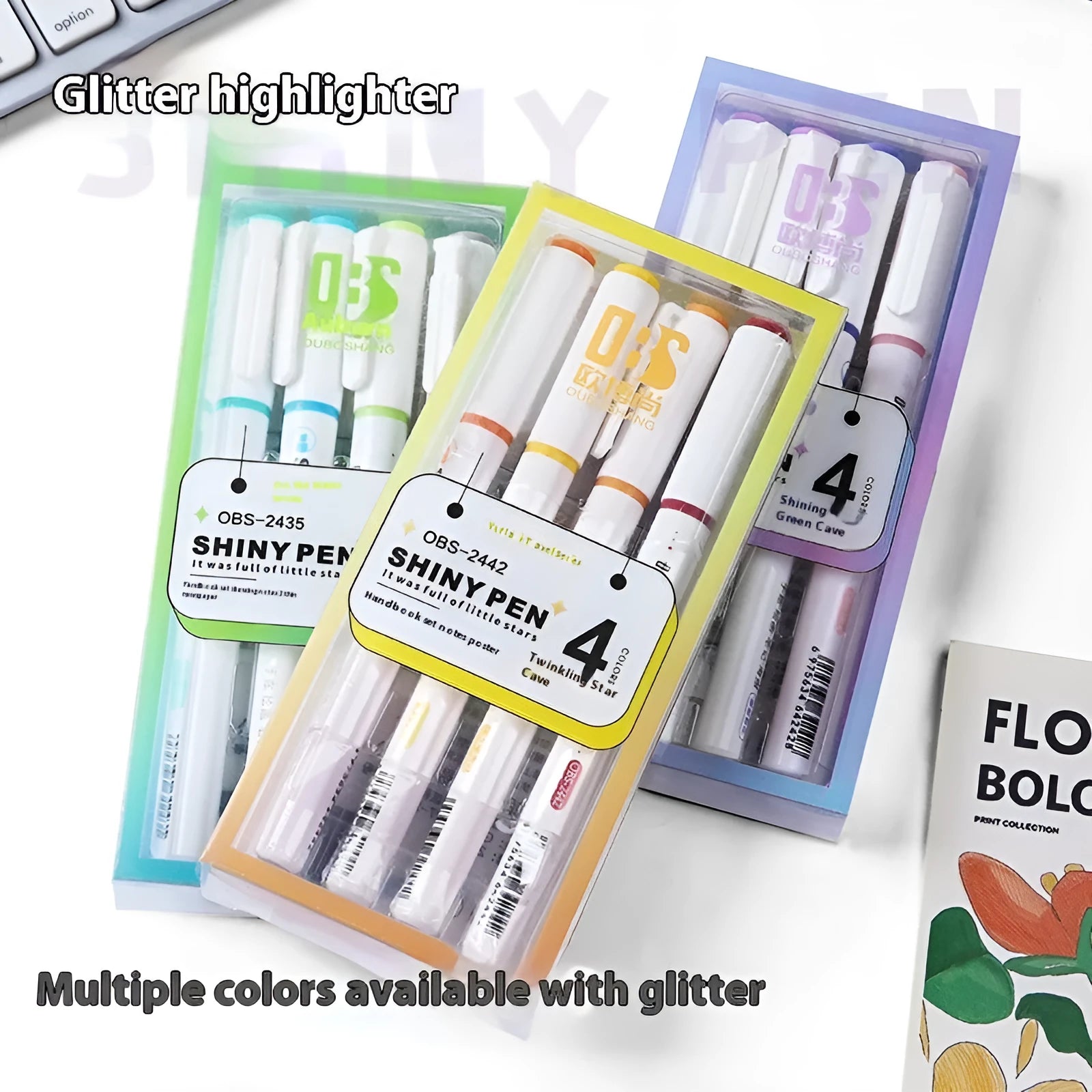 Pack of four glitter highlighter pens with plastic bodies in assorted colours.