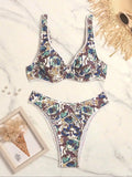 Women's floral print bikini set with steel bracket push-up top and matching high-waist briefs