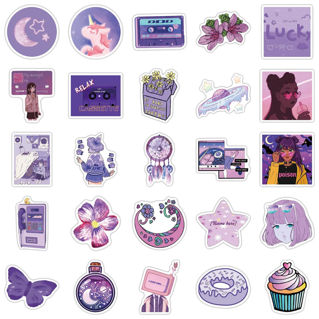 Purple girl graffiti stickers on luggage with colourful cartoon skin design, 50 decals 4-6cm