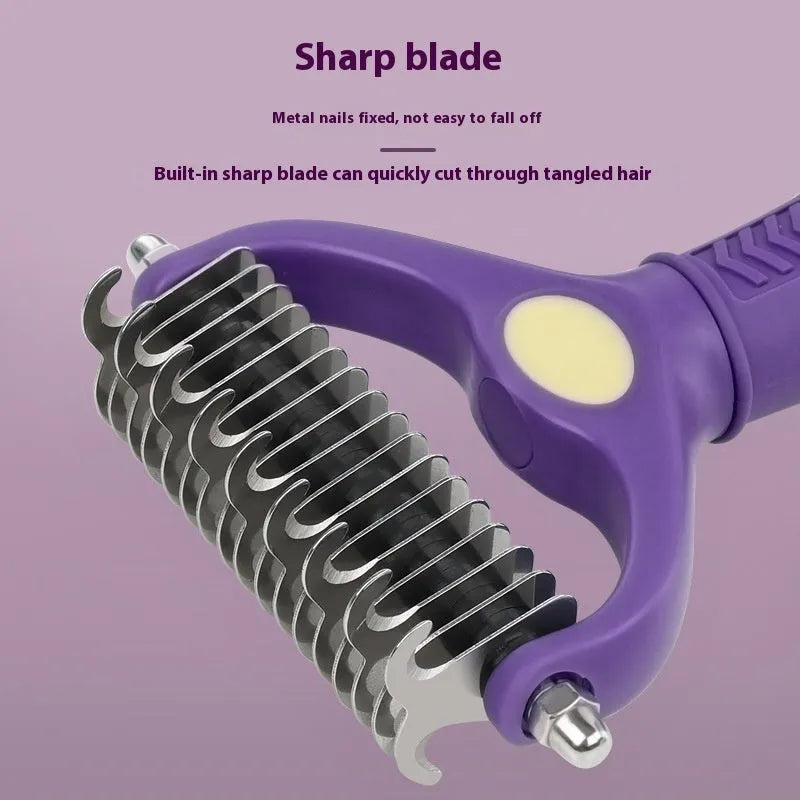 Purple plastic double-sided pet comb for detangling dog and cat fur.