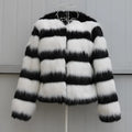 Black and white striped faux fur long-sleeved leather jacket for women
