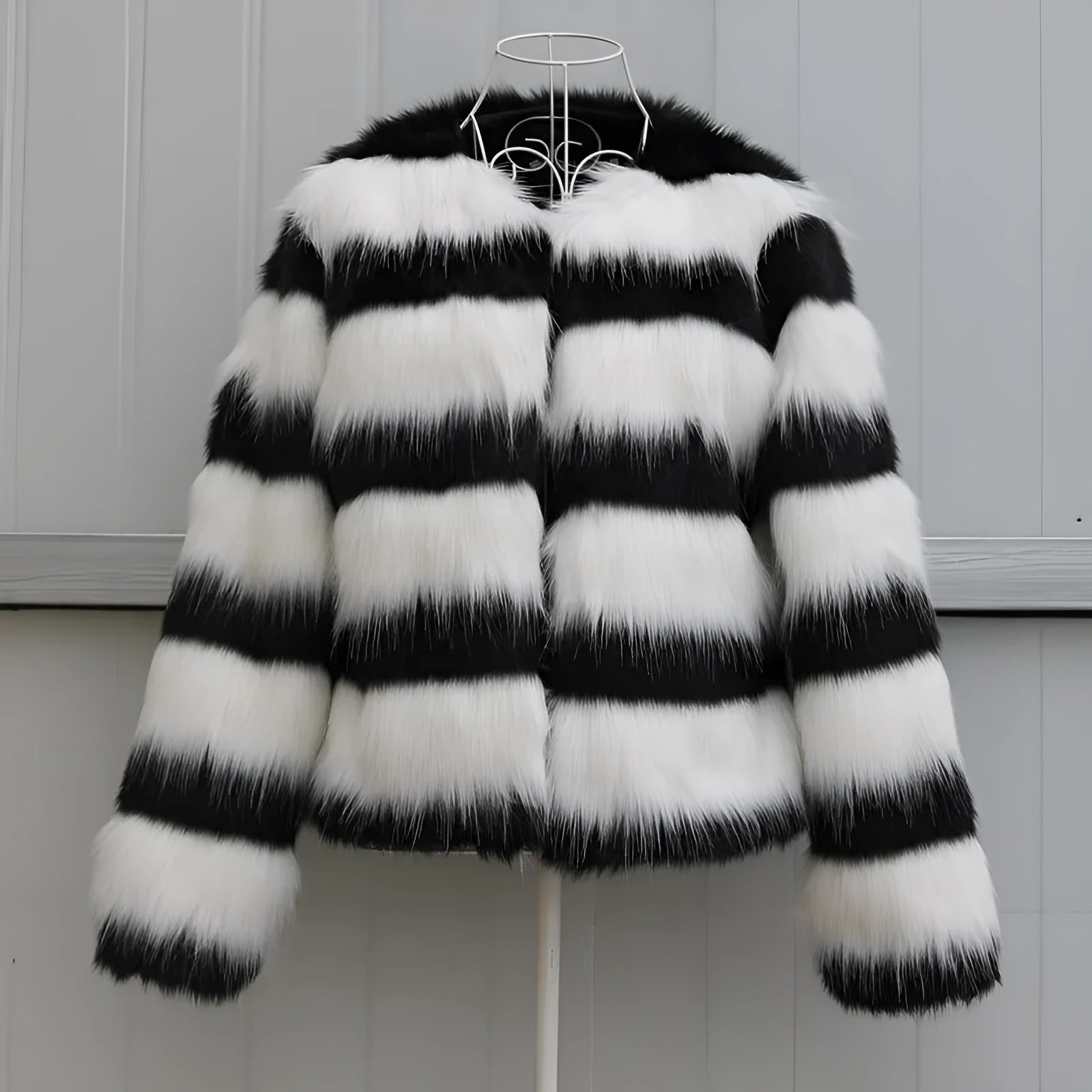 Black and white striped faux fur long-sleeved leather jacket for women