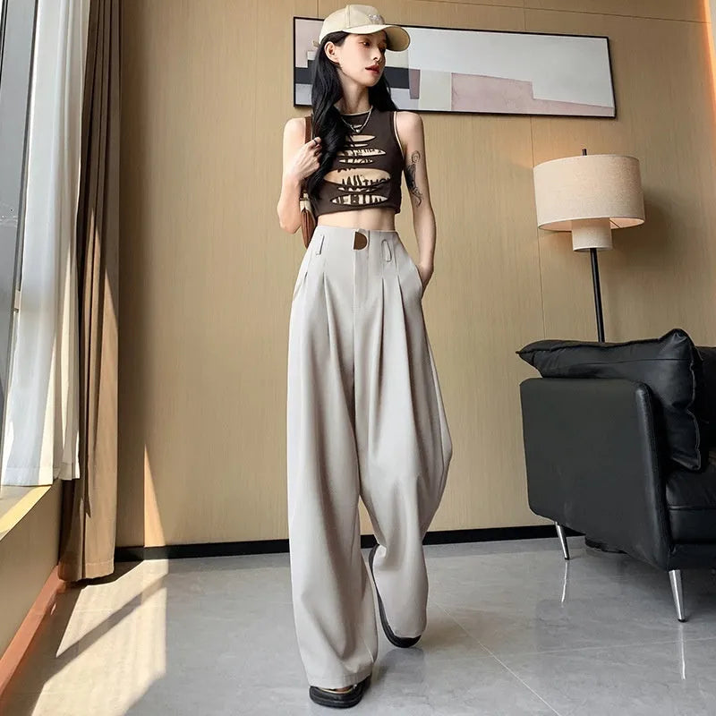 Women's high-waisted wide-leg pants in black, slightly elastic spandex fabric, loose straight fit, regular length