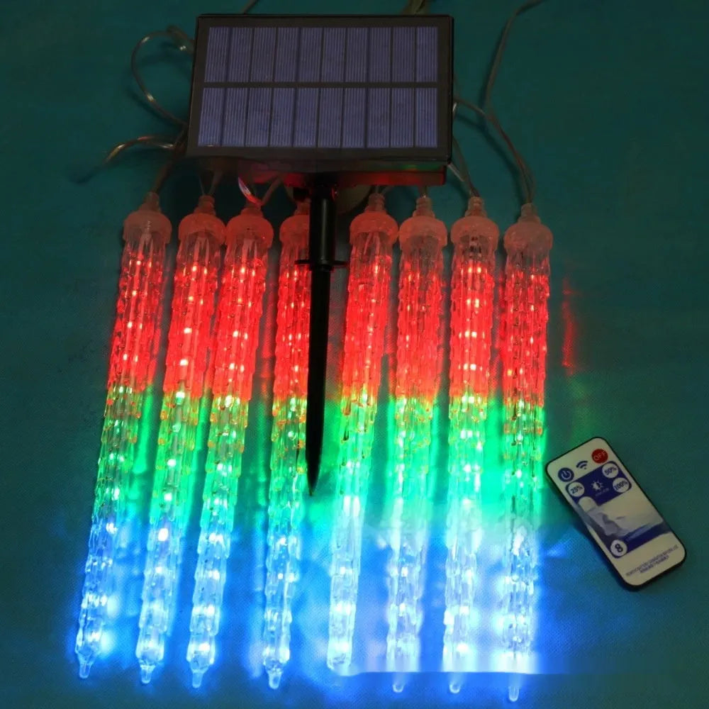 Solar powered LED ice cone shaped meteor shower Christmas festoon lamp with plastic construction