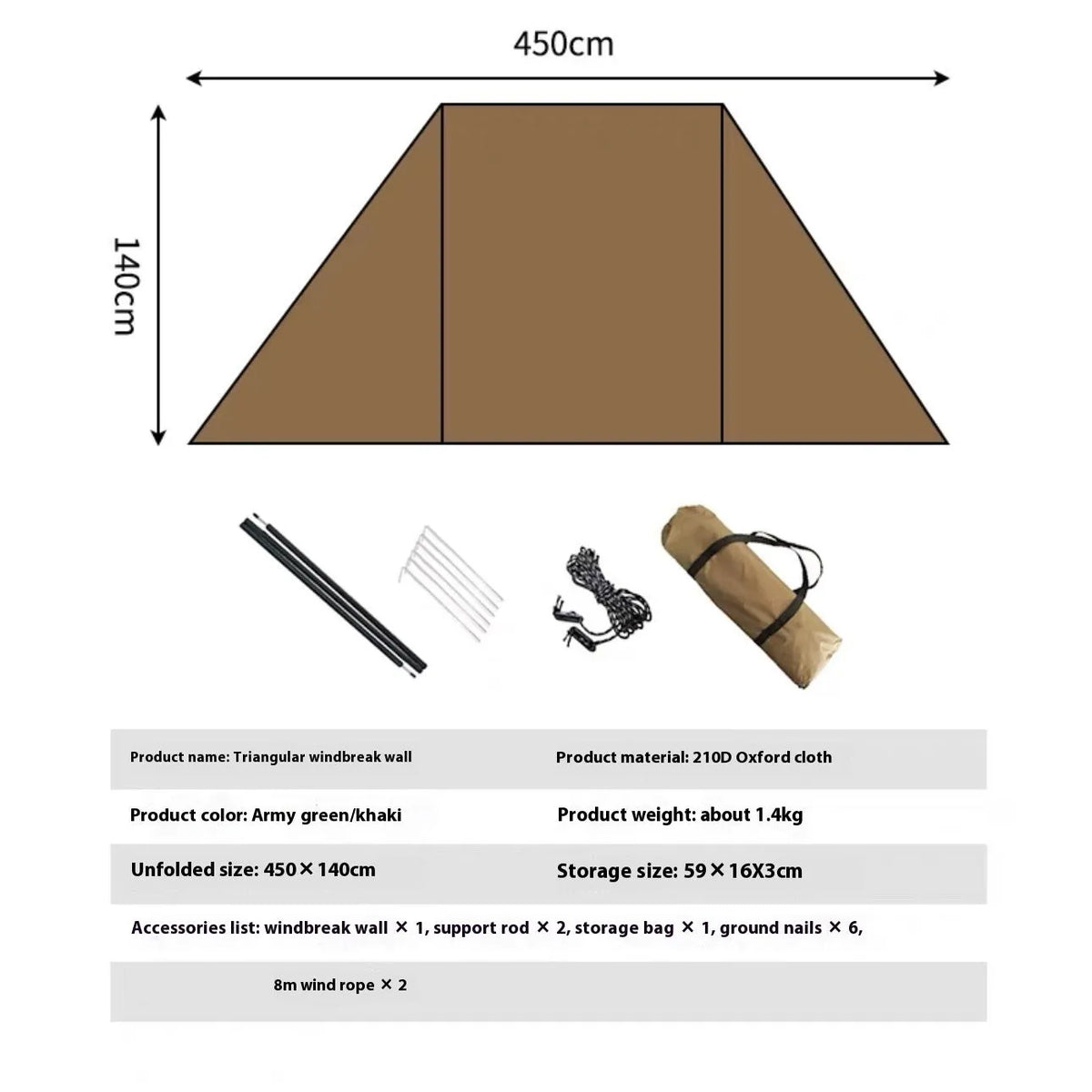 Oxford cloth camping windshield tent in Army Green with support poles and ground nails for outdoor stove cooking