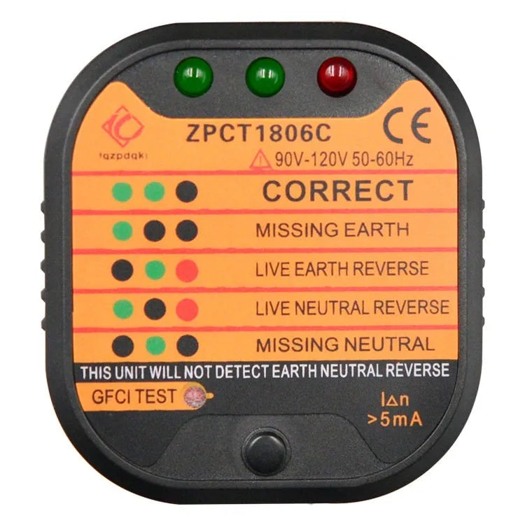 Black socket tester with three prongs and LED indicators for UK EU US wiring fault detection
