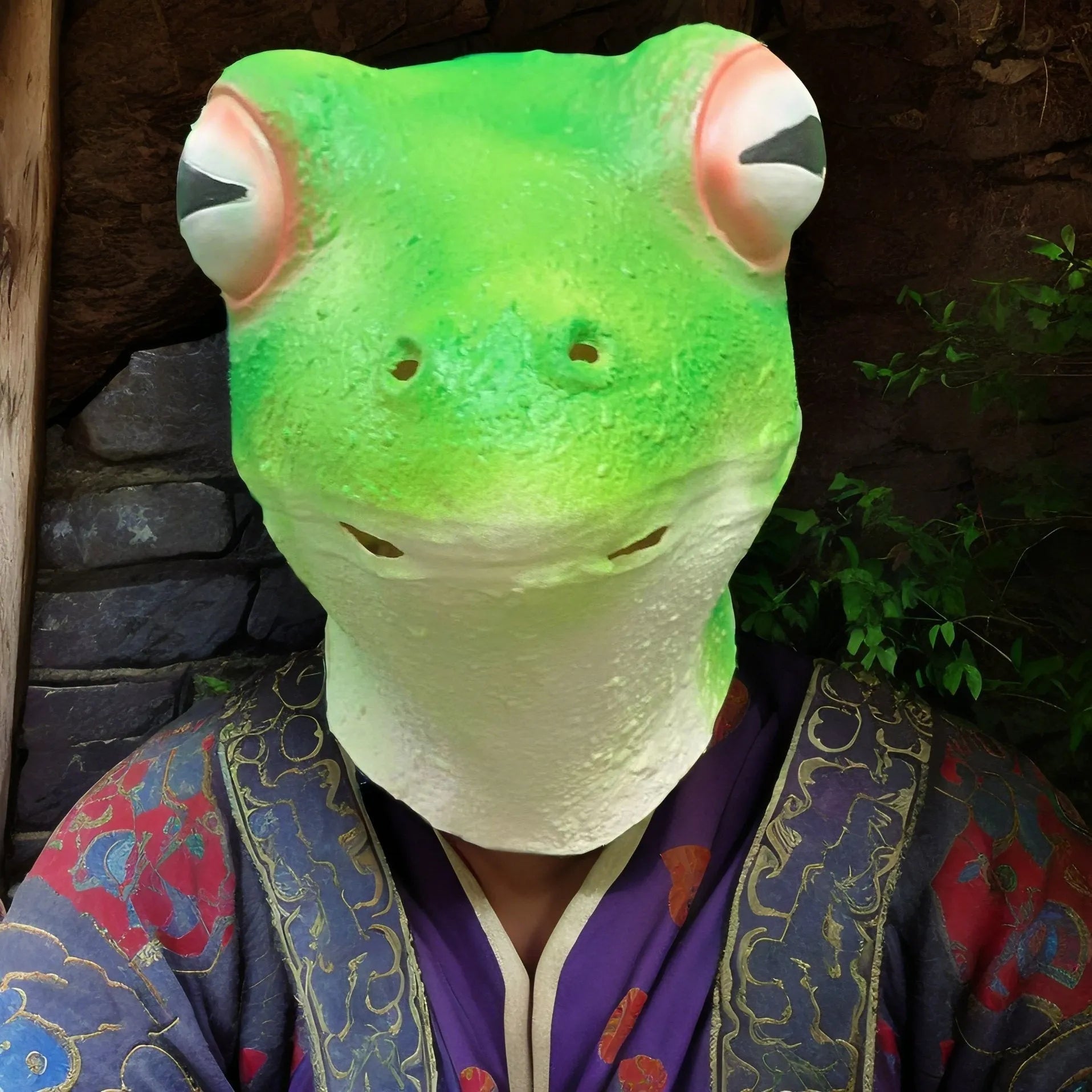 Realistic red-eyed frog latex mask with green and red colouring
