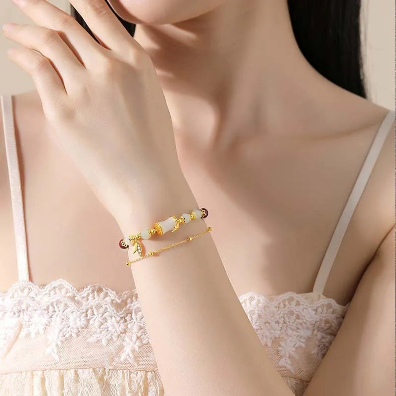 Retro bamboo Ruyi flower design glass bracelet in beige green light green white colours