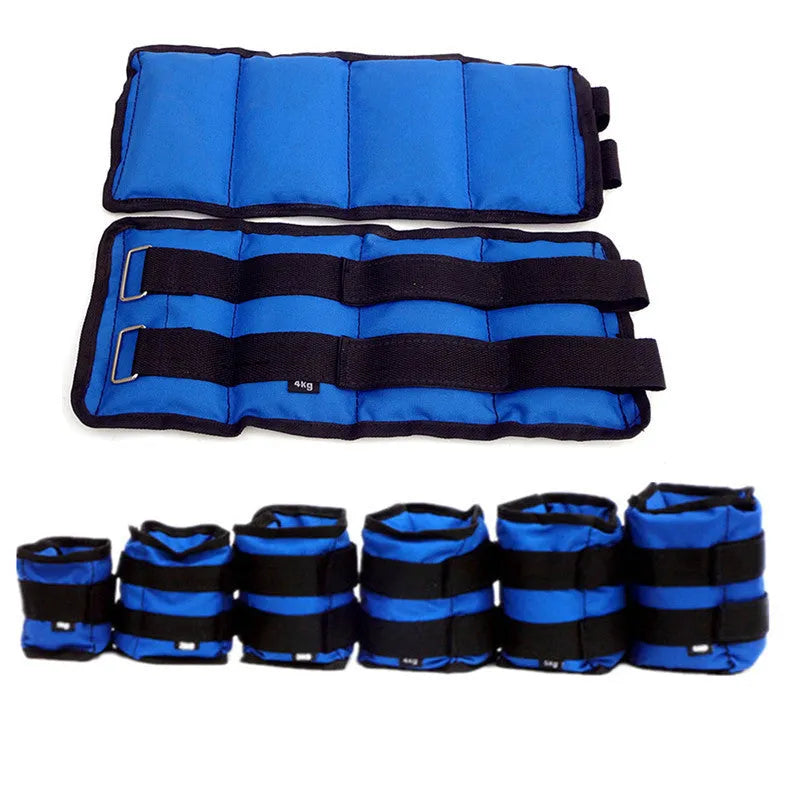 A pair of Oxford cloth legging sandbags for track and field training with weight options from 1kg to 6kg.