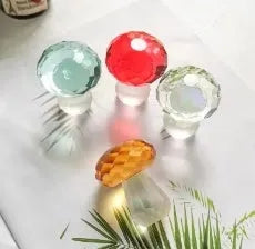 Modern geometric white crystal mushroom decoration in transparent, green, red, or yellow, 40mm wide.