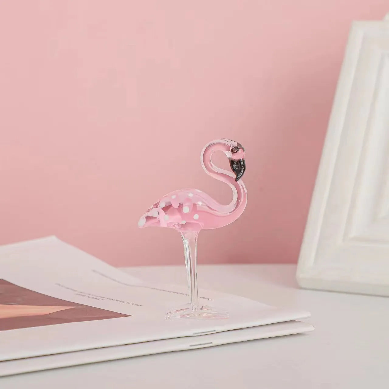 White crystal decorative flamingo with pink dots pattern, modern simplicity animal craft for table display