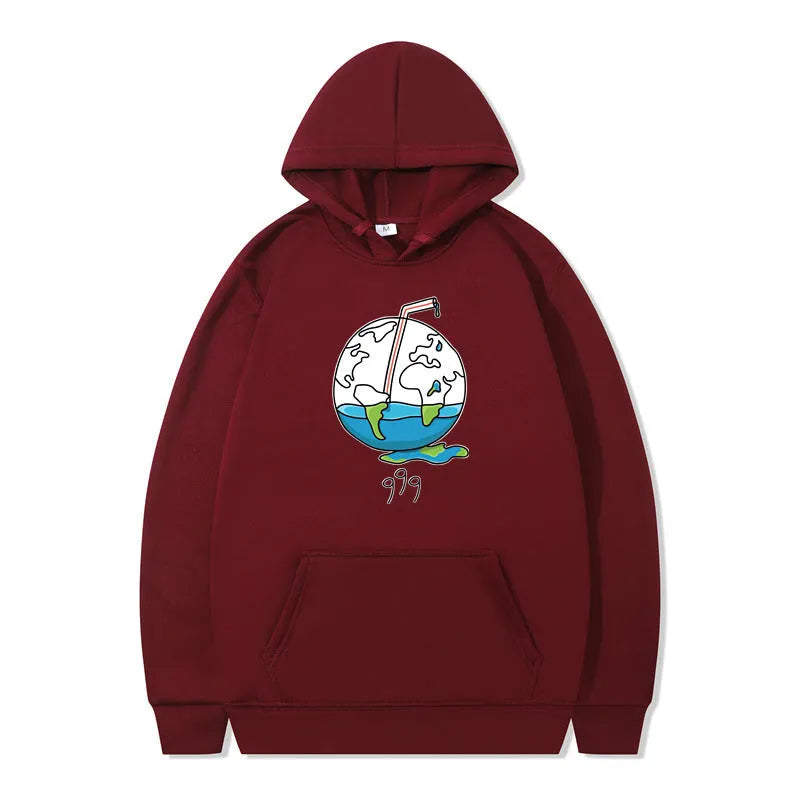 Printed cotton blend hoodie for men in loose fit with hood, long sleeves, and side pockets