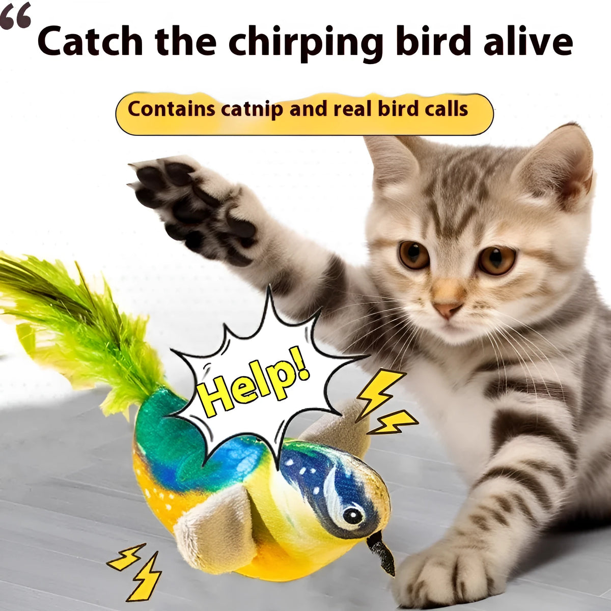 Cat toy simulation bird hanging door teaser plush bird in green white eyebrows colour