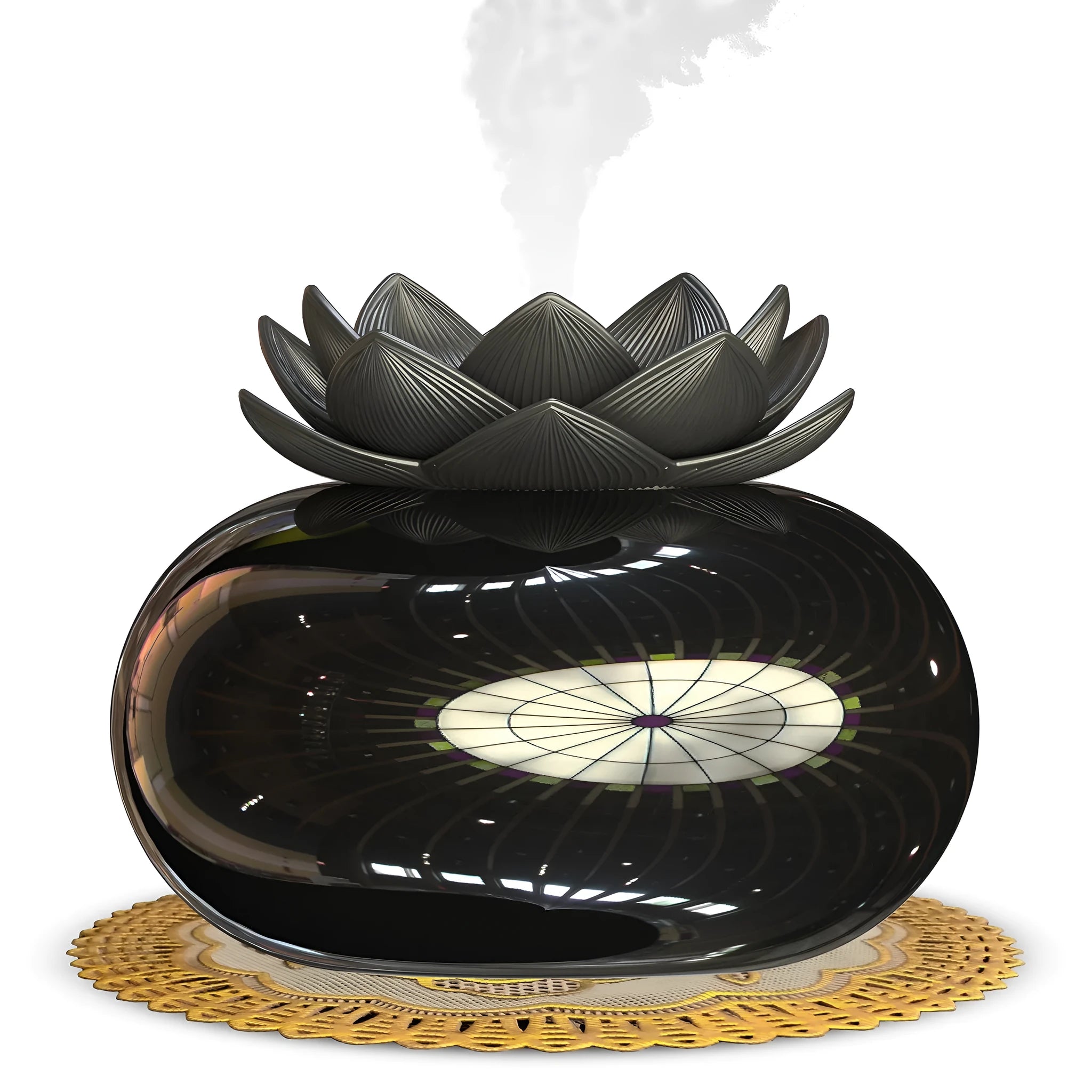 Pure black lotus-shaped aromatherapy humidifier with USB cable on a desk