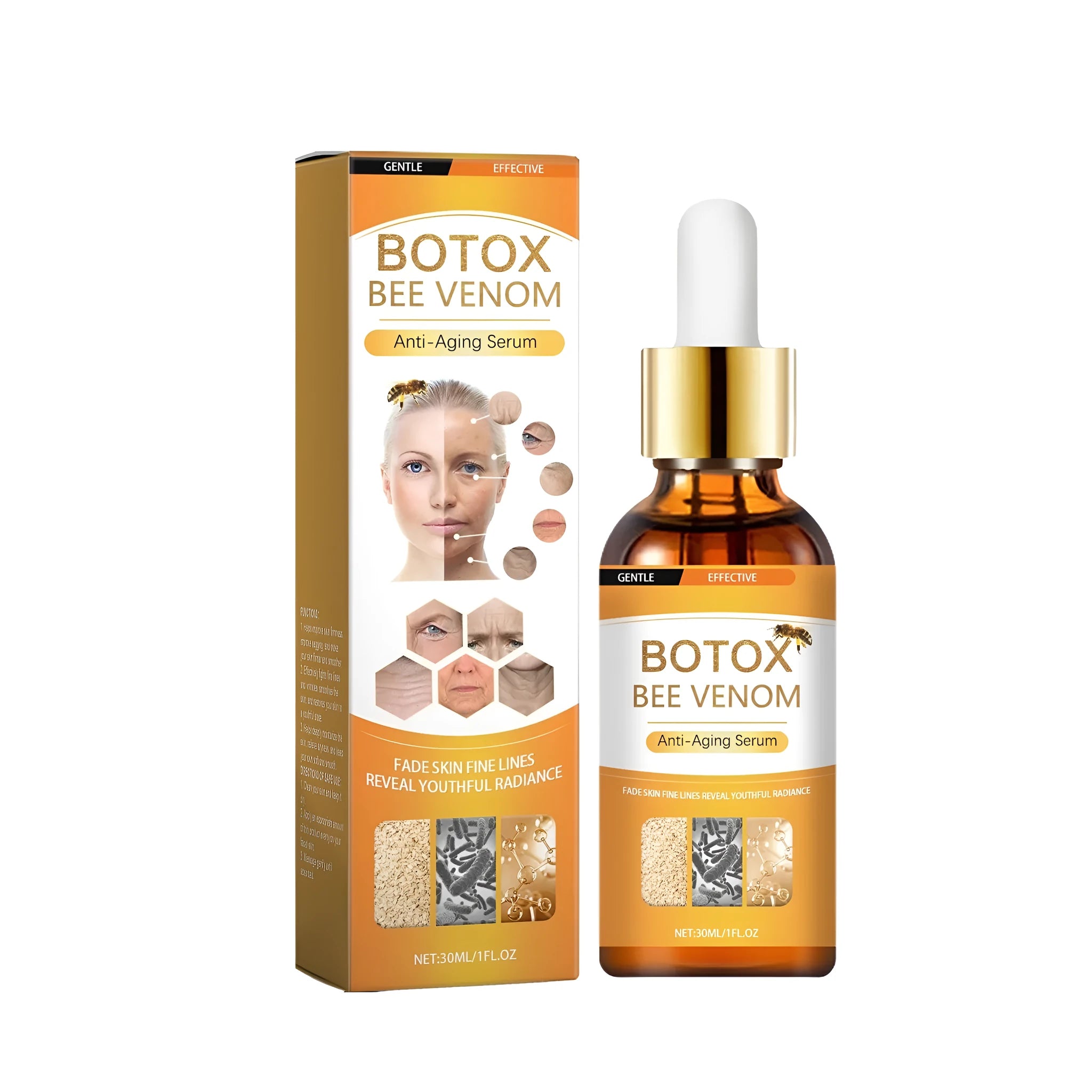 30ml bottle of anti-ageing liquid essence with hyaluronic acid and bee venom serum