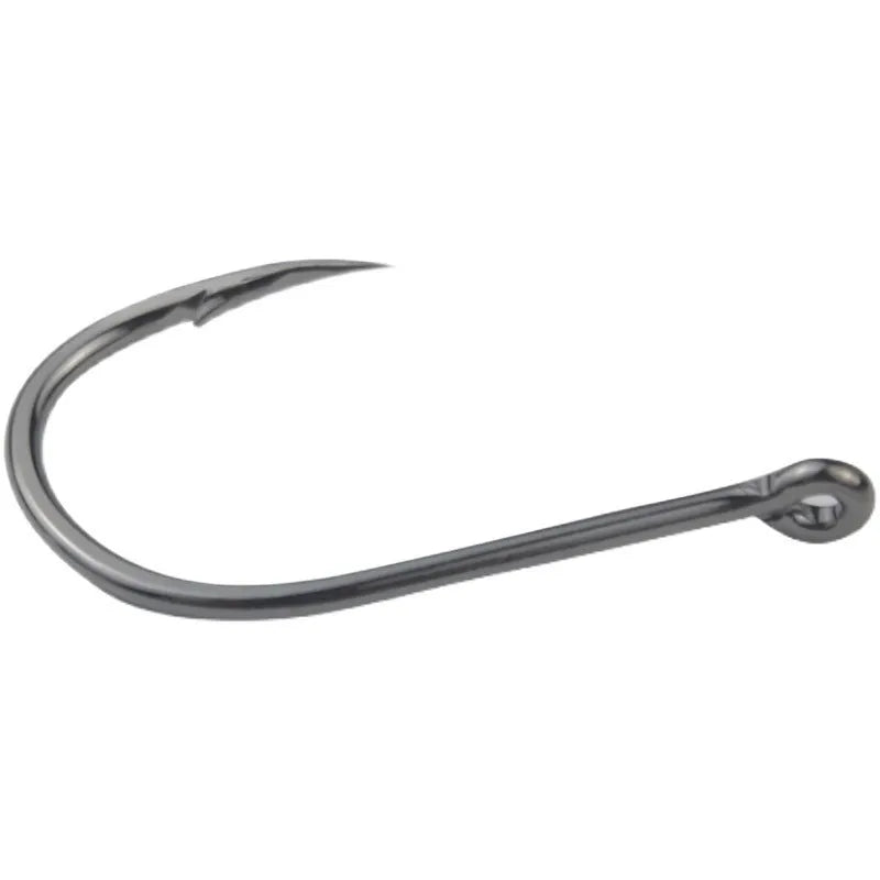 Bulk pack of barbed fishing hooks with crooked mouth and hole ring for sea fishing.