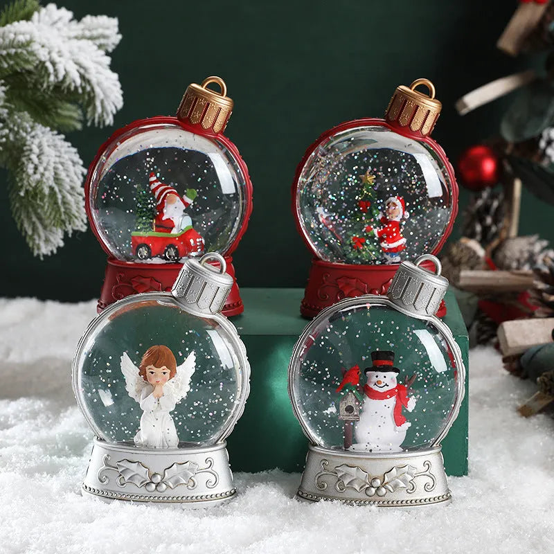 Christmas LED flame light decoration showing four character options: old man, snowman, child tree, and angel designs