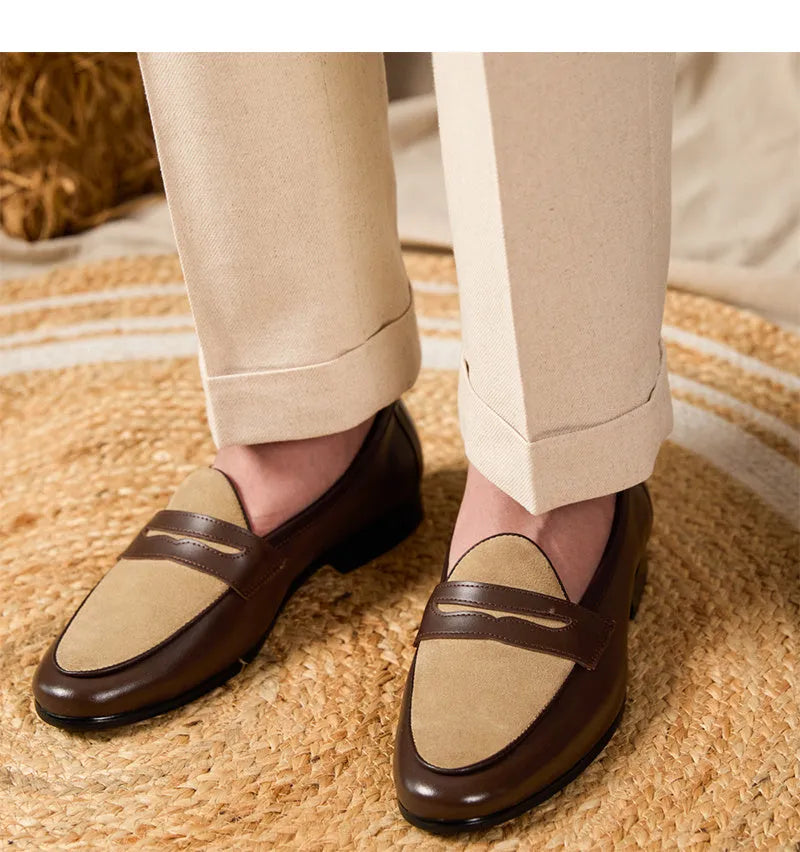 Coffee grey Belgian loafers slip-on shoes with high-gloss suede leather upper and rubber sole