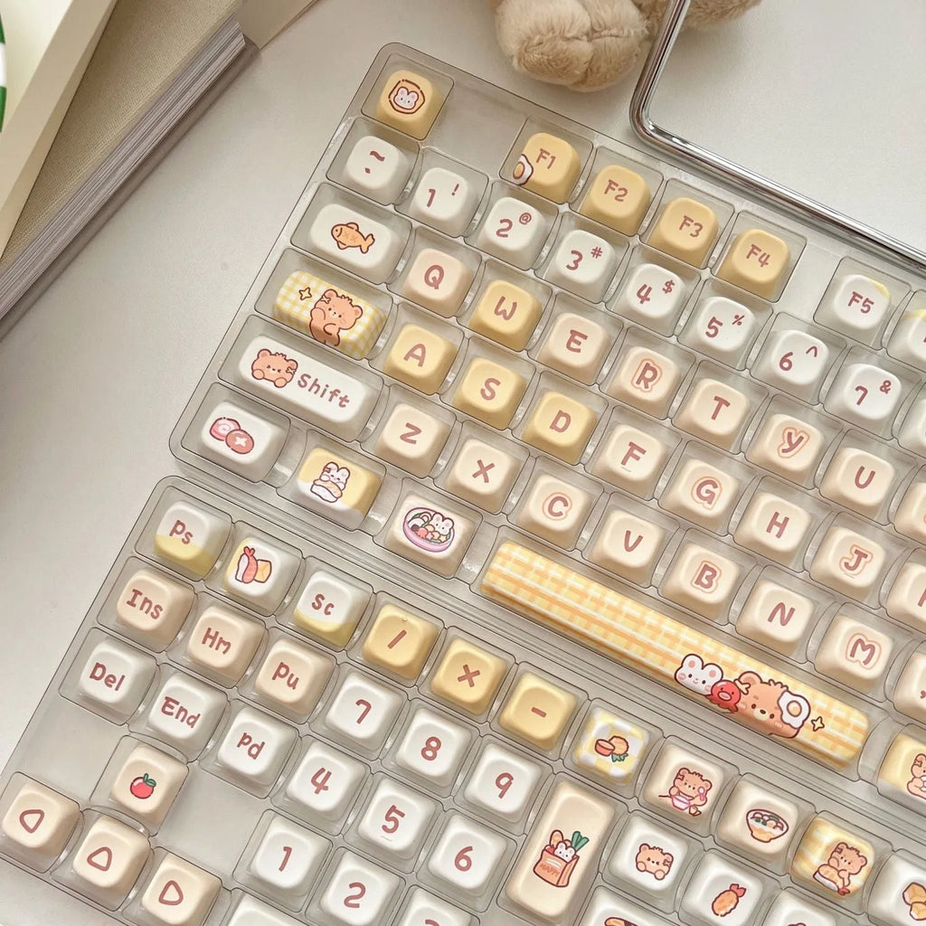 Rabbit Bear Restaurant themed PBT plastic keycap set with 140 pieces in EOA height profile.