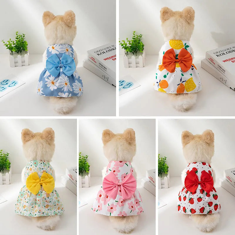 Ultra-thin floral butterfly knot princess dress for a dog or cat in summer, shown with a blue bow.