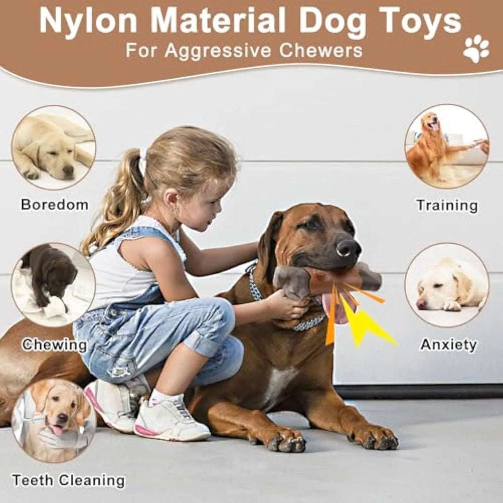 Branch-shaped nylon dog chew toy with bacon flavour and squeaker for large dogs.