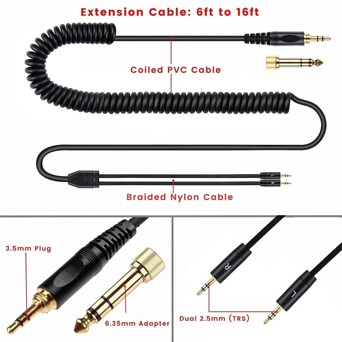 Black 1.8m headphone cable with double 25mm plug for HE400i He560 headphones