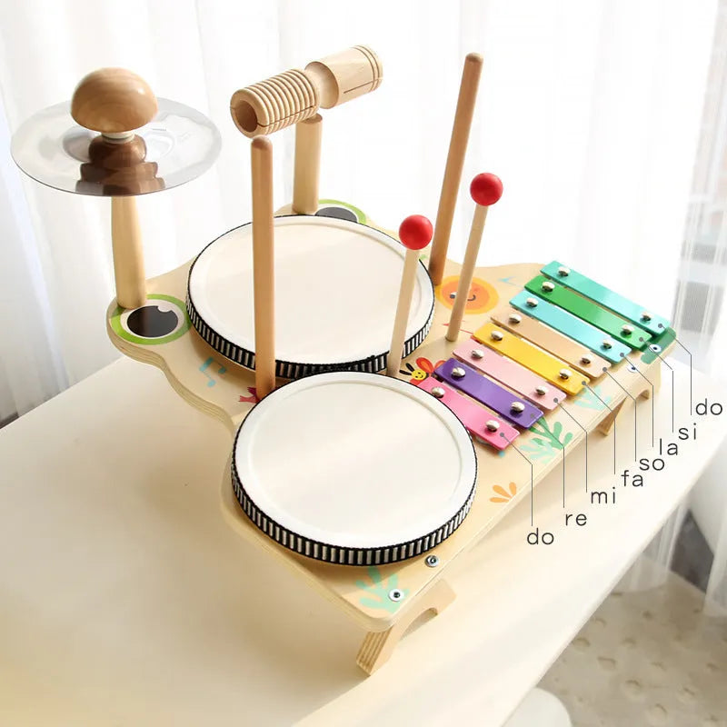 Wooden frog multi-functional drum kit educational toy, 33 x 30 x 23 cm, in a colour box