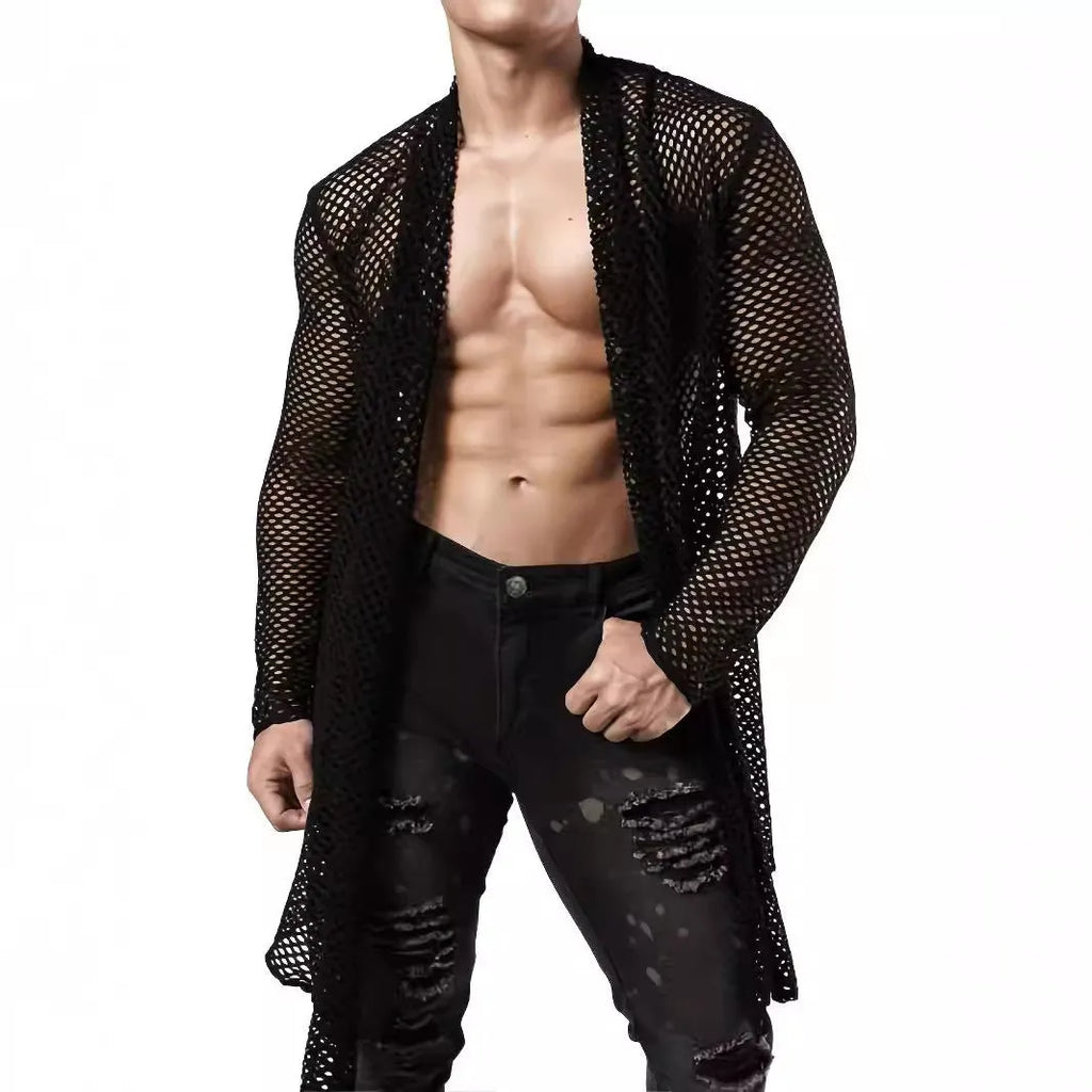 Black men's long-sleeve mesh cardigan with see-through hollow-out design, loose fit, sizes S to XXXL.