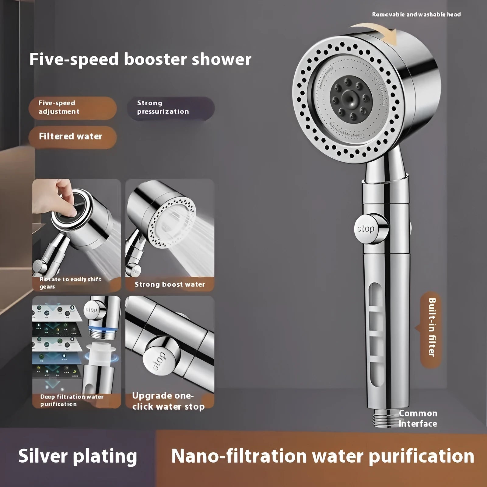 Silver portable shower head with multiple spray functions on chrome-plated plastic body