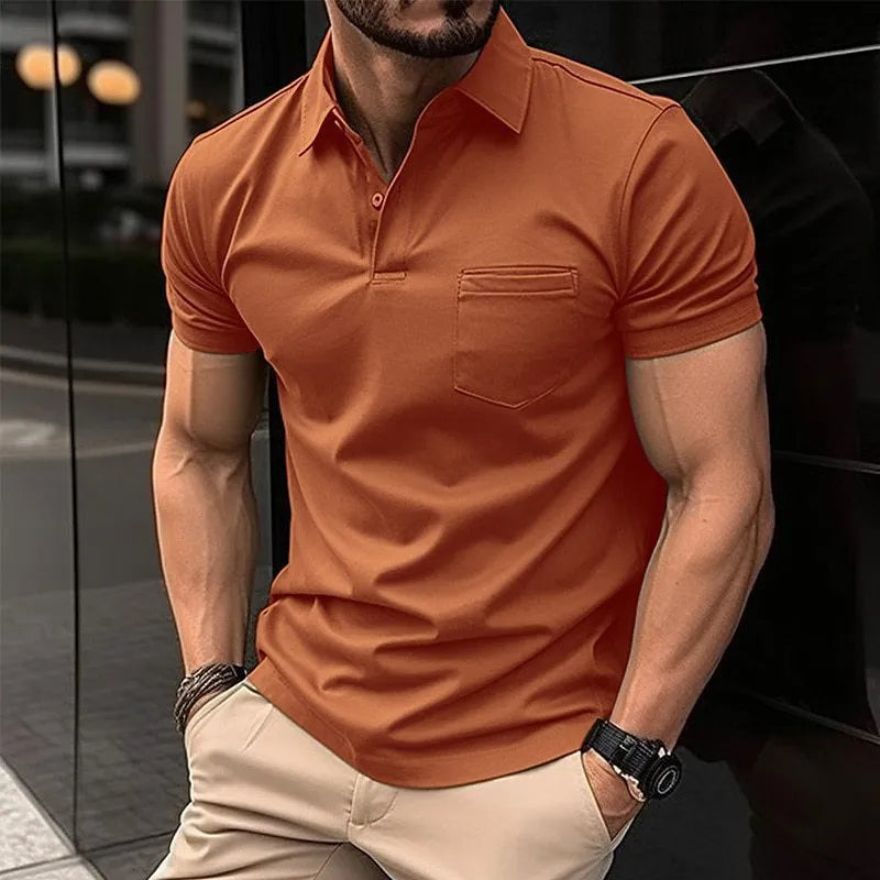 Men's summer polo shirt with chest pocket, loose fit, short sleeve, solid colour top in Army Green