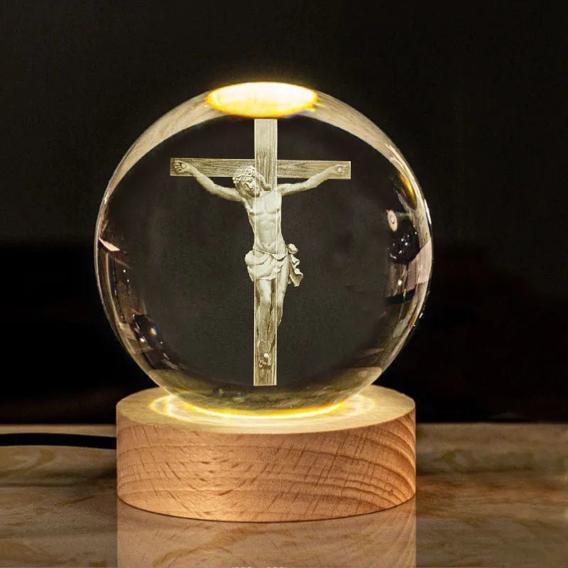 6cm white crystal ball desk ornament with laser-engraved cross design on a solid wood warm light base.