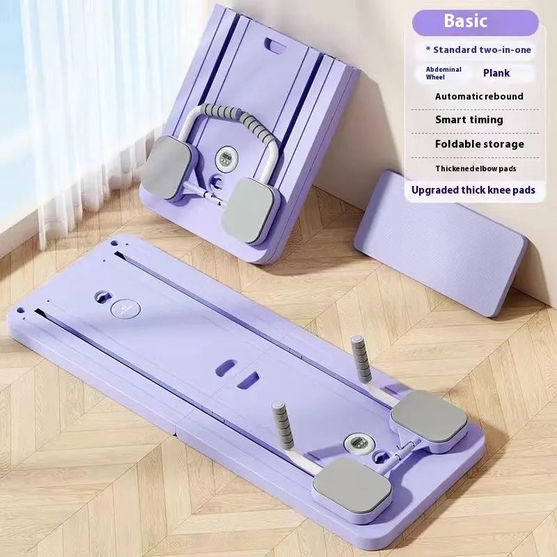 Purple automatic rebound abdominal exercise wheel on a grey floor for home fitness training.