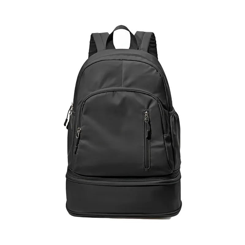 Solid colour polyester backpack with contrast stitching and curved adjustable straps, shown in grey.