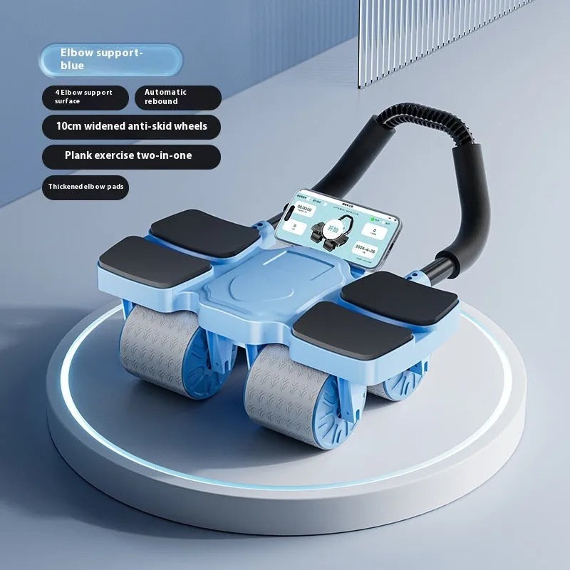 Black automatic rebound abdominal wheel with four blue polyurethane rollers and ergonomic handles on a wooden floor.