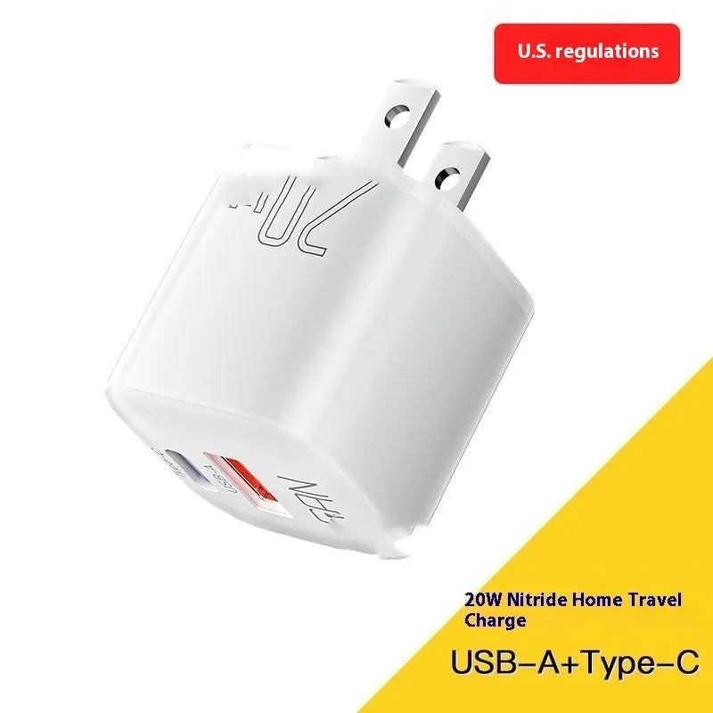 PD20W gallium nitride travel charger with dual USB-A and USB-C ports, black British standard plug