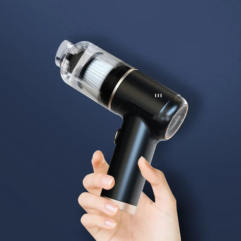 Black wireless handheld car vacuum cleaner and tyre inflator with multiple nozzle attachments on a white background.