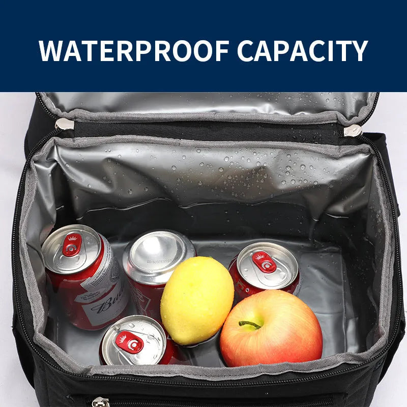 Blue double layer insulated waterproof picnic backpack with 22L capacity and ice pack compartment.