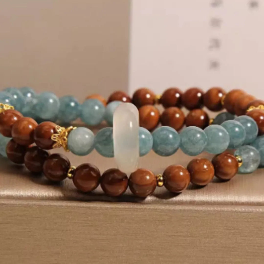 Women's double ring bracelet in cook blue water jade with electroplated finish, natural crystal semi-precious stone, flexible round geometric shape, New Chinese style