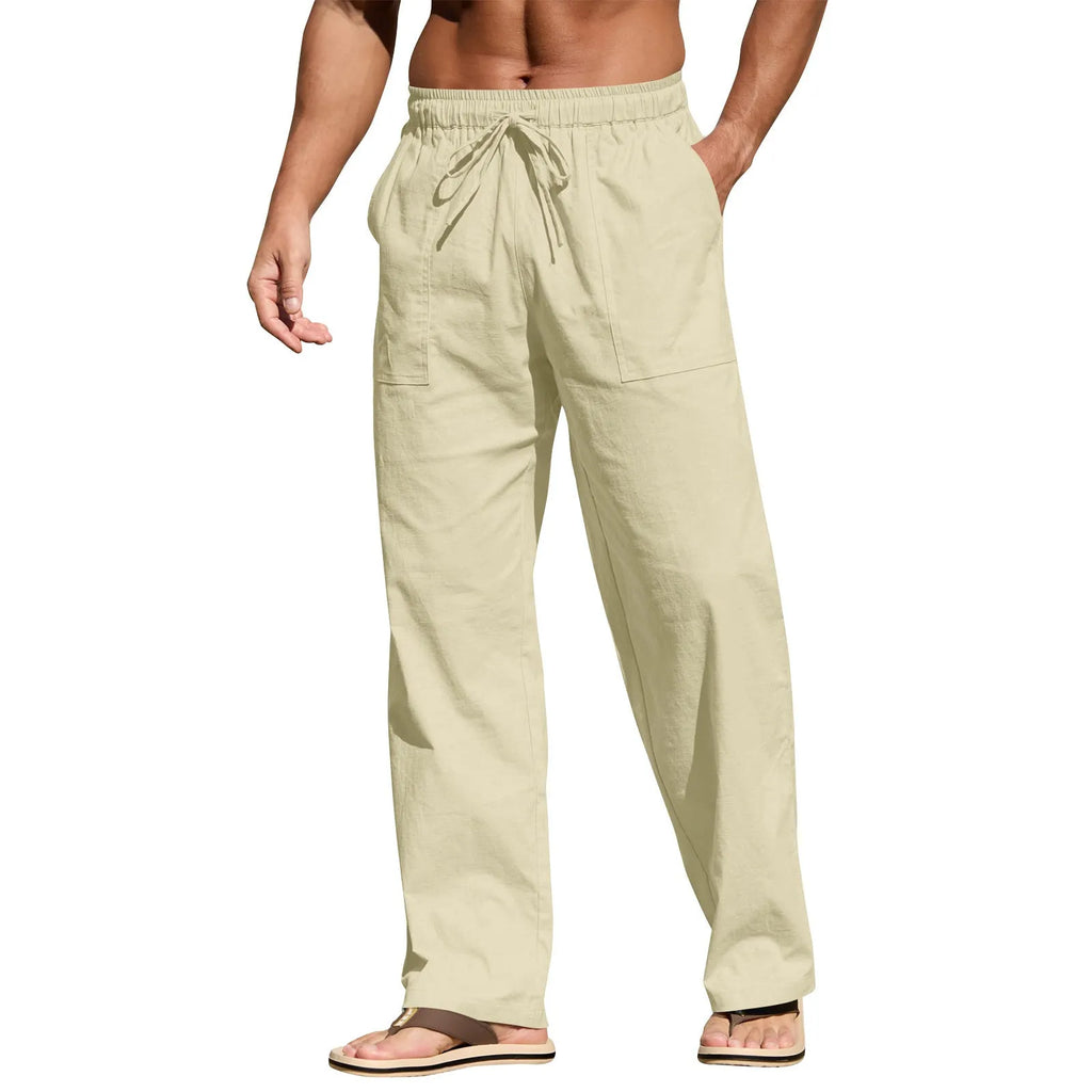Men's cotton linen beach trousers with drawstring elastic waist straight cut casual pants