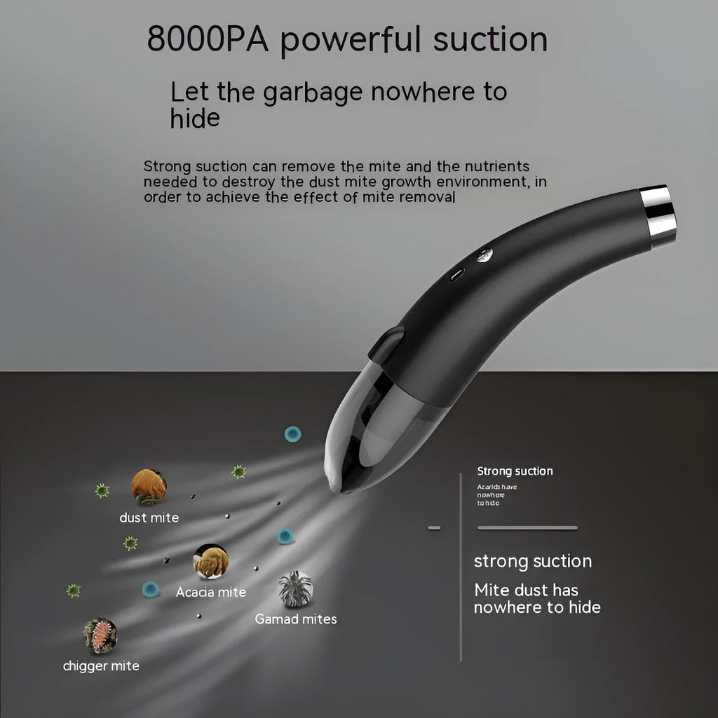 Handheld wireless car vacuum cleaner with USB charging cable shown in black colour