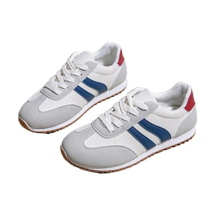 Blue and grey Cortez stripe pattern casual shoes with round toe and flat heel design