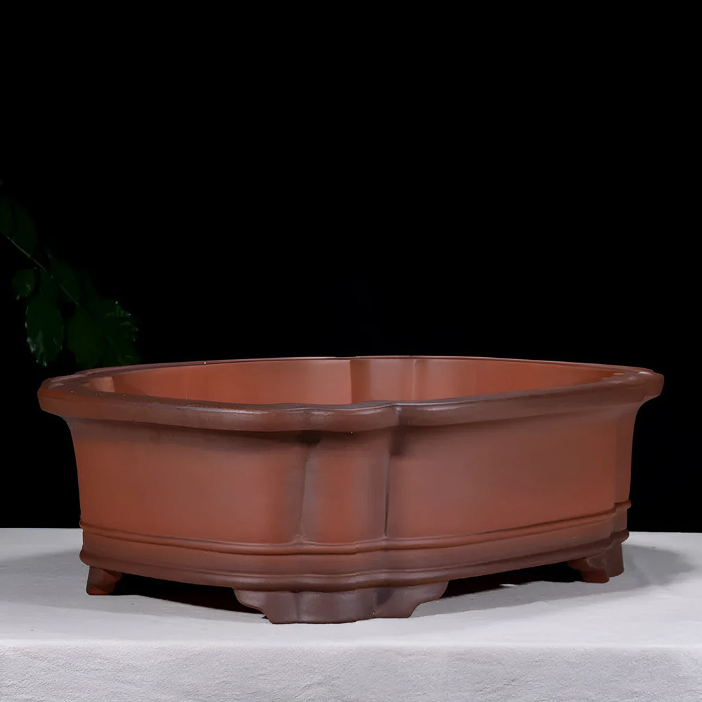 Large antique-style rectangular purple clay flowerpot for garden trees and plants.