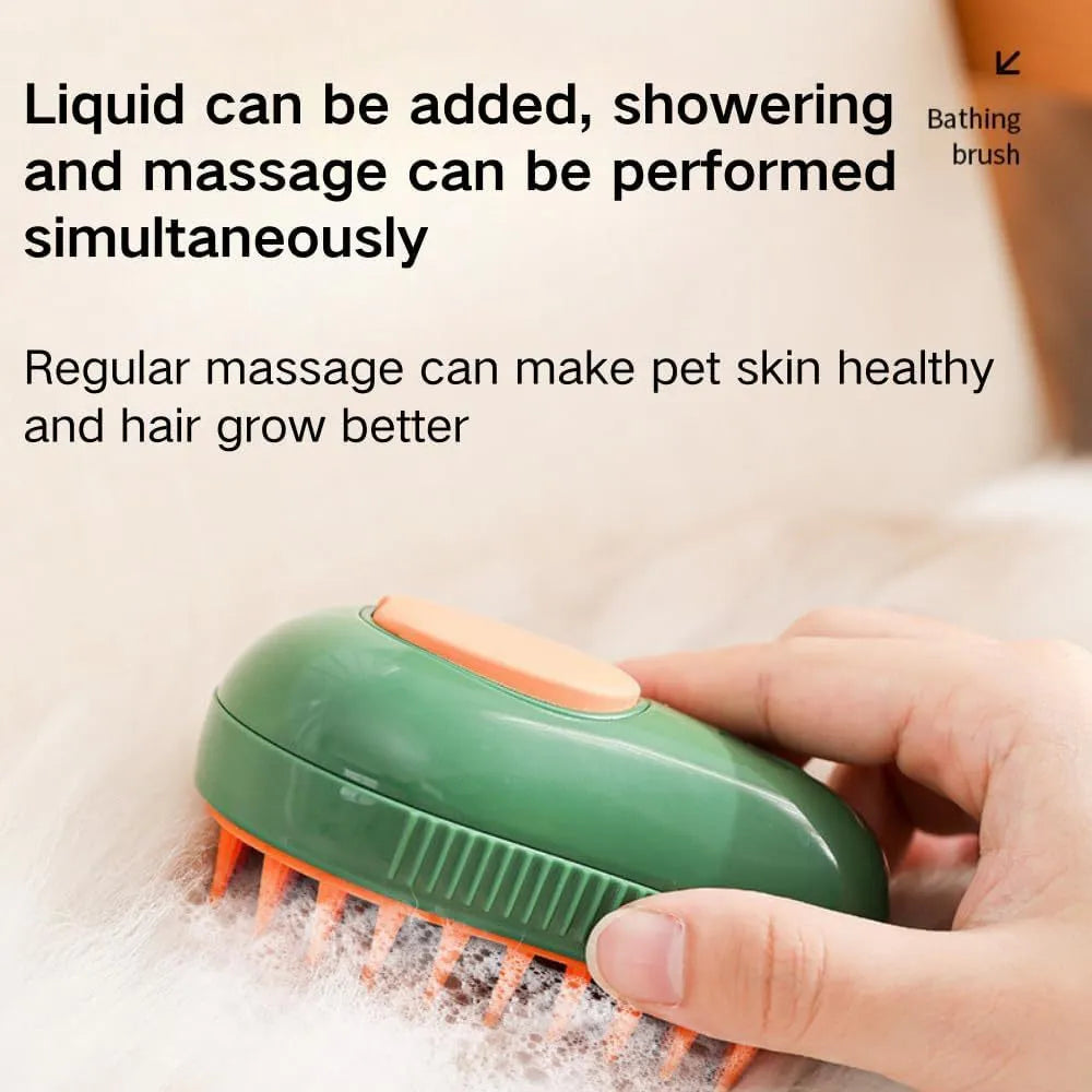 Green and white rechargeable cat steam brush with silicone teeth and water spray button.