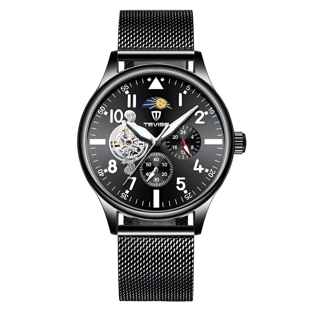 Men's black mechanical watch with moon phase dial and luminous hands on alloy case