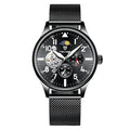 Men's black mechanical watch with moon phase dial and luminous hands on alloy case