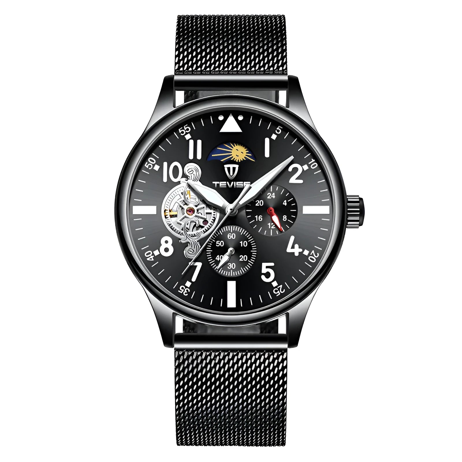 Men's black mechanical watch with moon phase dial and luminous hands on alloy case